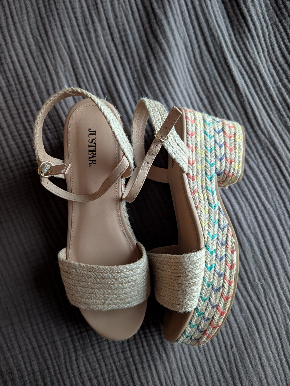 JustFab Beige Espadrille Platform Wedges with Multicolor Braid